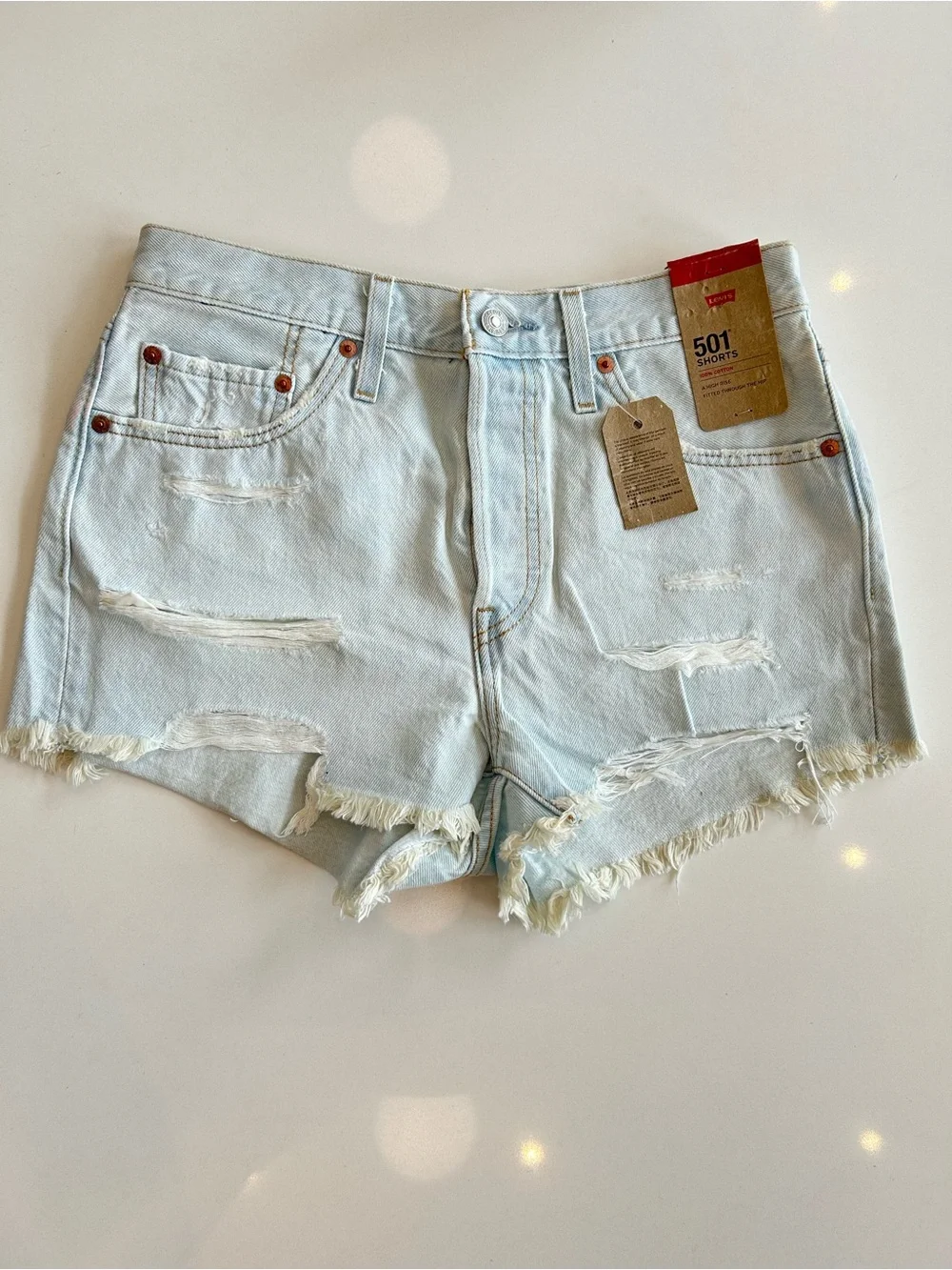 Levi's Light Blue Distressed 501 Denim Shorts
